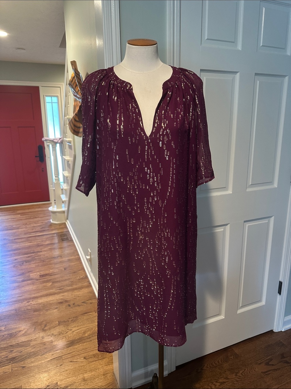 Lily Pulitzer Sz Large Plum (amarena cherry?) Gold Metallic Dot Shift Dress